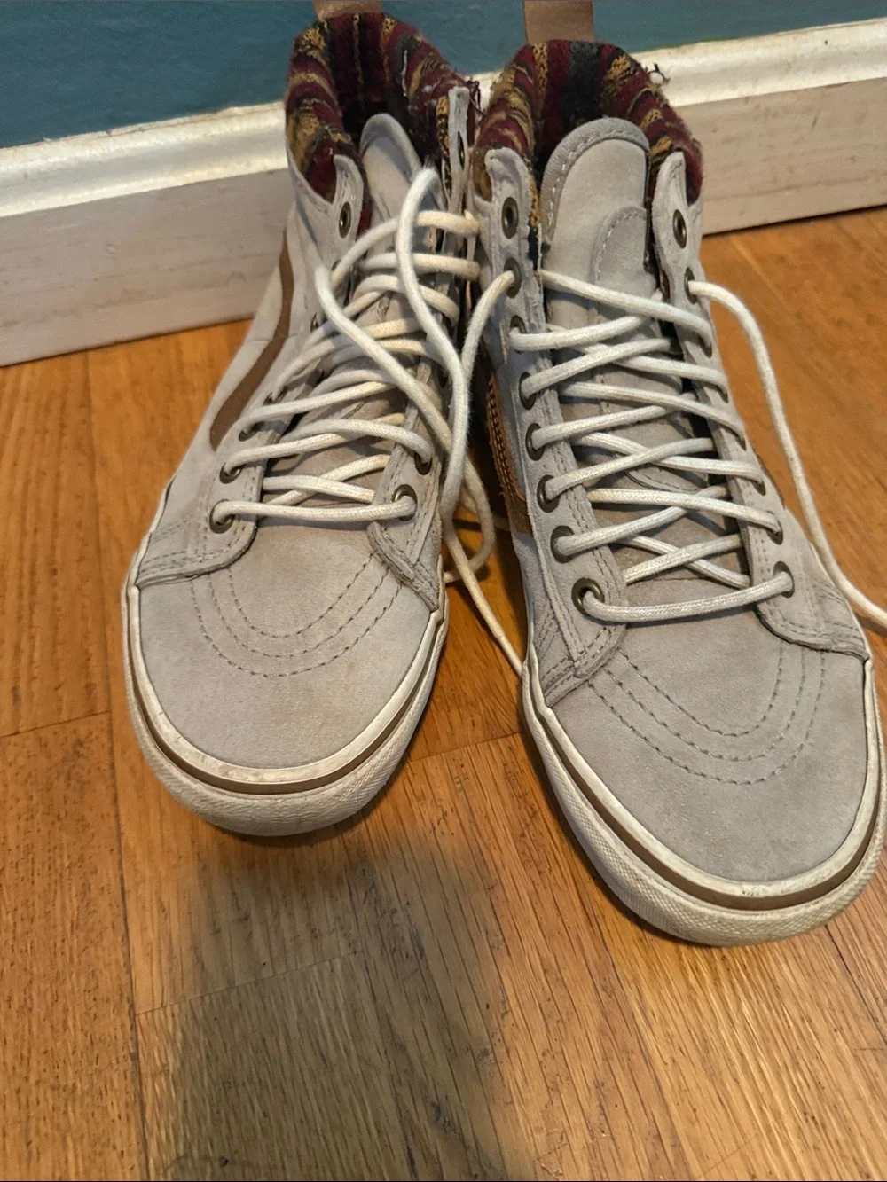 Vans High-Top Sneakers in Light Gray with Brown Side Stripe